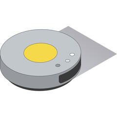 Isometric 3D rendering of a round robotic vacuum cleaner with yellow circular accent and gray shadow on a transparent background