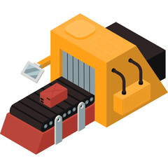 Isometric 3d robot automation factory machine with conveyor belt moving red box yellow and orange machine details and grey blue vertical panels on a transparent background