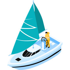 Isometric boat with turquoise sail and person in yellow jacket steering on transparent background