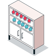 Isometric Cabinet With Red And Blue Spheres On Shelves With Shadow Effect Minimalist Design