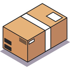 Isometric Brown Cardboard Shipping Box With White Tape Secured Closed On Transparent Background In Graphic Design Style