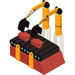 Isometric conveyor belt system with robotic arms moving red boxes in an automated factory setting with orange and yellow industrial elements clean and simple design