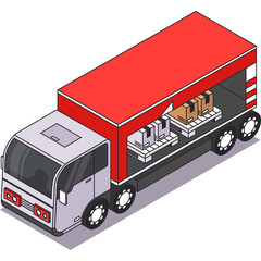 Isometric Delivery Truck Filled With Cardboard Boxes And Pallets On Transparent Background Loaded For Transportation And Logistics In A Clean Graphic Style