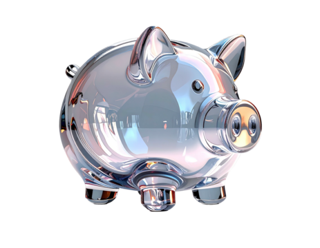 A translucent, glassy piggy bank with reflective qualities on a black background