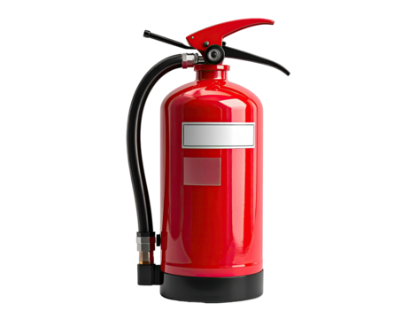 Glossy red fire extinguisher with black hose, nozzle, and handle on a black background