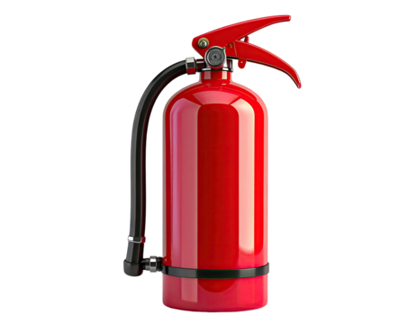 Glossy, red metal cylinder with trigger and hose. A common emergency safety device