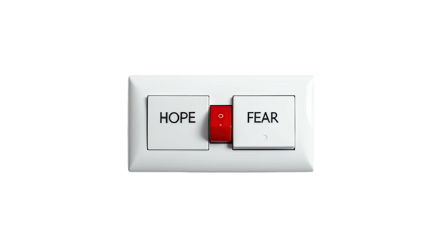 A white switch plate with "Hope" and "Fear" buttons, a red switch in between, on a black background