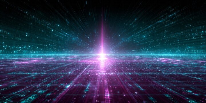 Digital stream of luminous particles flows through a dark, infinite space toward a central bright source - Powered by Adobe