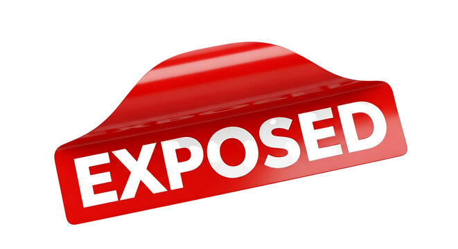 Exposed" word on a red glossy curved sticker label.