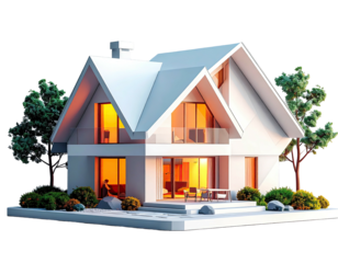 Digitally rendered contemporary home with white walls, large windows, and trees, warm interior lights