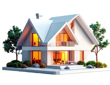 Digitally rendered contemporary home with white walls, large windows, and trees, warm interior lights