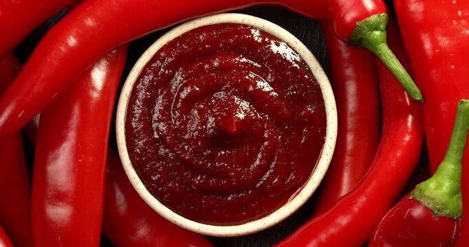Bowl with spicy gochujang paste and fresh chili peppers top view. Close-up footage on a rotating table
