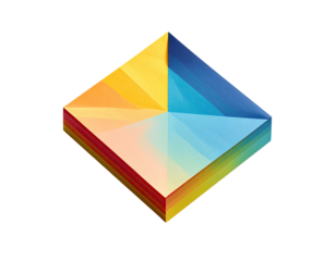 A geometric diamond shape composed of vibrant, layered colors, set against a black backdrop