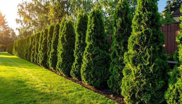 A verdant row of evergreen trees forms a privacy hedge along a manicured lawn