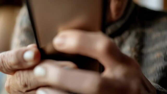 An elderly woman wearing glasses looks at her smartphone screen, possibly having difficulty perceiving the information. Relevant for materials on digital literacy among the elderly, adapting technolog