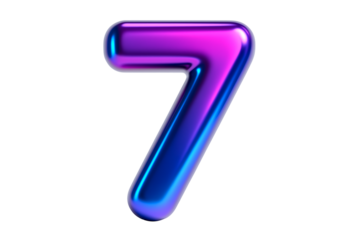 Glossy 3D render of the number seven in a vibrant, metallic, iridescent finish with pink, purple, and blue colors, isolated