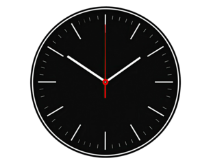 A black clock face with white markings and red second hand, indicating time passage