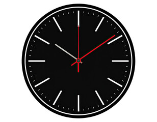 Graphic of a round analog clock face, with white markings, black background, and red second hand