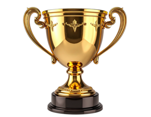 A gleaming gold trophy with intricate detailing, resting on a dark base