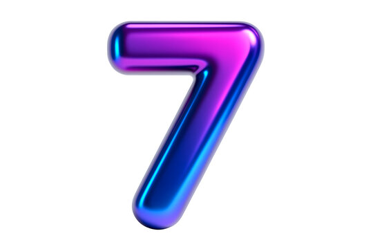Glossy 3D render of the number seven in a vibrant, metallic, iridescent finish with pink, purple, and blue colors, isolated