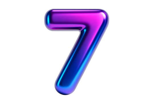 Glossy 3D render of the number seven in a vibrant, metallic, iridescent finish with pink, purple, and blue colors, isolated