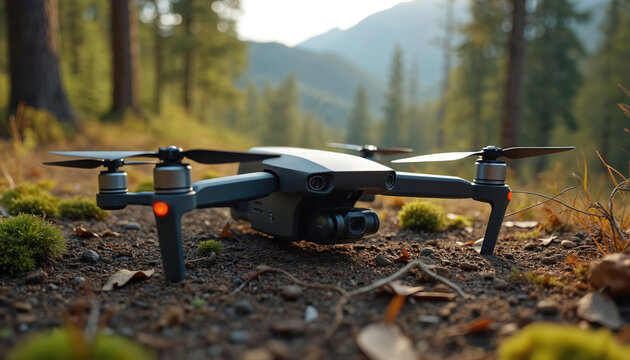 Modern drone rests on forest floor with mountains behind. This portable quadcopter has camera for aerial video and photo capture. It is ideal for filming adventures.