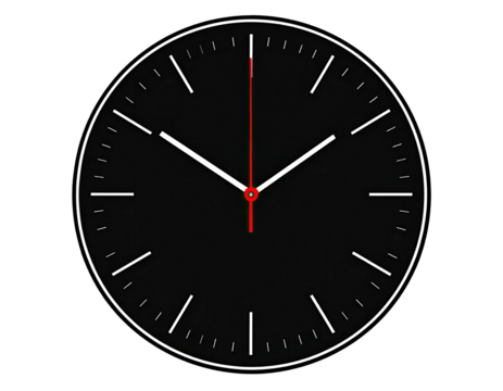 A black clock face with white markings and red second hand, indicating time passage - Powered by Adobe