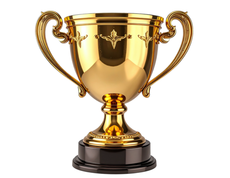 A gleaming gold trophy with intricate detailing, resting on a dark base