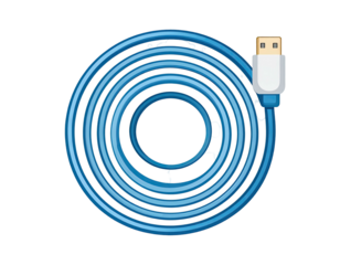 Cartoon illustration of a blue cable coiled into a circular shape, with a connector at one end