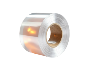 Close-up of a tightly coiled roll of shiny, metallic silver film against black background