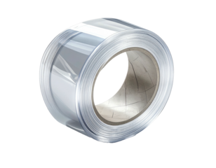 A roll of translucent, metallic-looking adhesive tape with a cardboard core against a black background