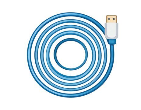 Cartoon illustration of a blue cable coiled into a circular shape, with a connector at one end - Powered by Adobe