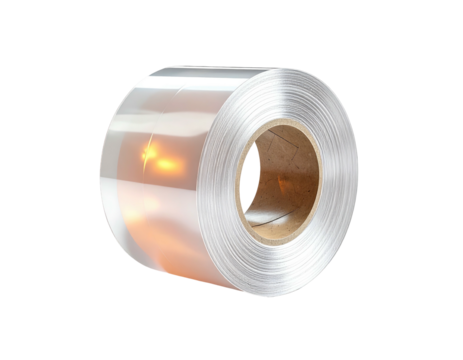 Close-up of a tightly coiled roll of shiny, metallic silver film against black background