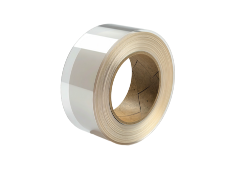 Close-up studio shot of a white roll of adhesive label paper on a black background