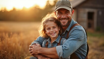 Happy father and daughter embracing in field at sunset. Man and girl child hug, smile together near farmhouse. Family bonding moment in countryside at golden hour.