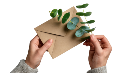 The Envelope of Nature's Embrace: Tender hands carefully arrange a delicate eucalyptus branch atop a rustic envelope. A harmonious blend of natural beauty and human touch.