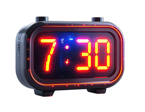 A close-up view of a digital alarm clock displaying 730 in bright neon orange digits - Powered by Adobe