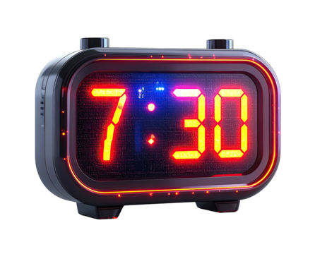 A close-up view of a digital alarm clock displaying 730 in bright neon orange digits