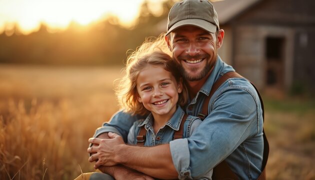 Happy father and daughter embracing in field at sunset. Man and girl child hug, smile together near farmhouse. Family bonding moment in countryside at golden hour.