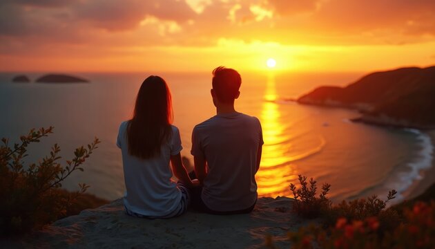 Young couple watches sunset over ocean. Silhouettes sit on cliff above sea bay with waves. Warm sky, water reflection shows beautiful nature. Romantic evening.