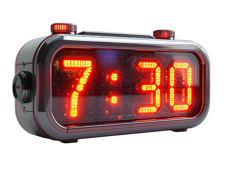 A digital clock displays 730 with bright red numerals on a dark background - Powered by Adobe
