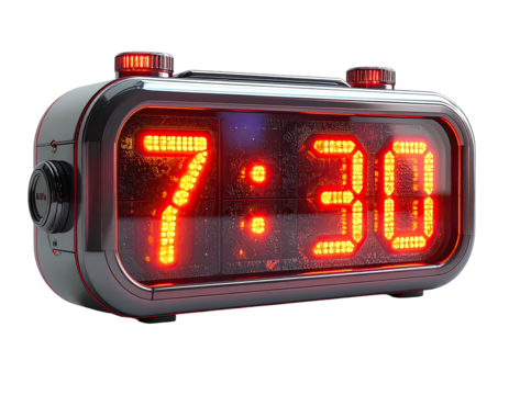 A digital clock displays 730 with bright red numerals on a dark background