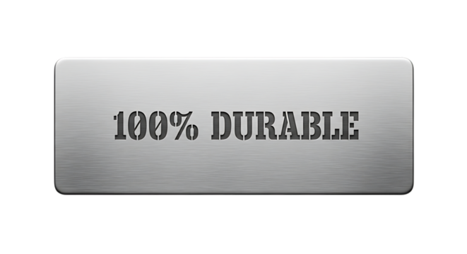Brushed metal plate features '100% durable' message.