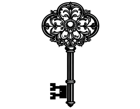 Ornate white key, elaborate floral design, intricate details, dark background, vintage aesthetic