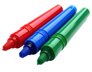 Three colorful markers red, blue, and green, with a black background, angled view