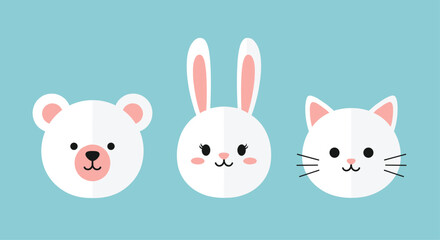 Charming trio of cartoon animal faces, including a sweet polar bear, an adorable bunny, and a cute cat, presented on a calming light blue backdrop.