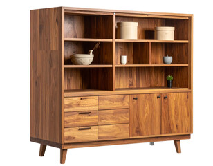 Modern wooden cabinet for decorative items on transparent background. 