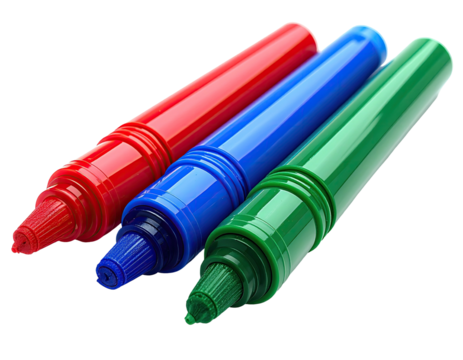 Three colorful markers red, blue, and green, with a black background, angled view
