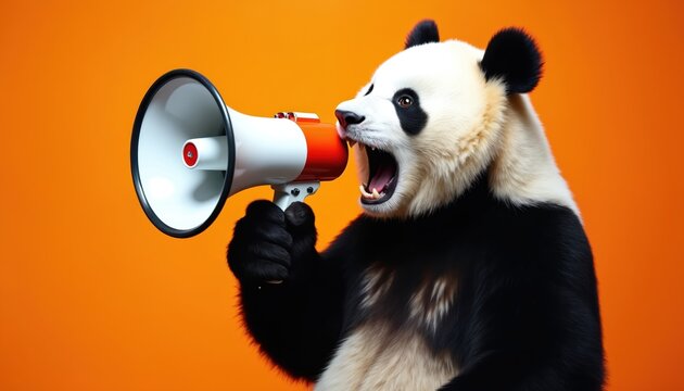 Giant panda shouts loudly into white megaphone against orange backdrop. This image highlights attention, announcement, or loud message delivery with humorous touch. It suggests business or promotion.