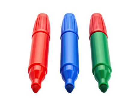 Three vibrant markers with rounded edges and removable caps, isolated on a black background - Powered by Adobe